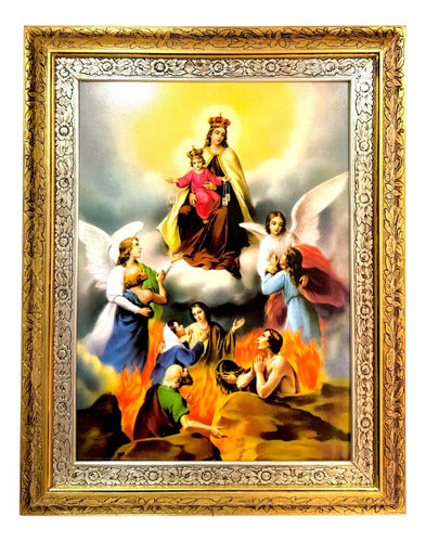 Cuadro Virgen Del Carmen Con Las Animas 90x70 Cm Madera Hoja De Oro Y Plata