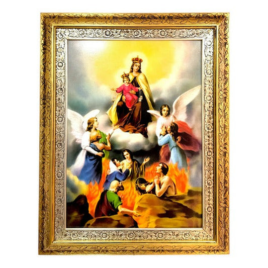 Cuadro de la Virgen del Carmen con las ánimas de 90x70 cm, acabado combinado oro y plata