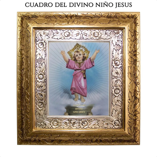 Cuadro del Divino Niño Jesús, 45x40 cm, acabado combinado oro y plata, hecho en México