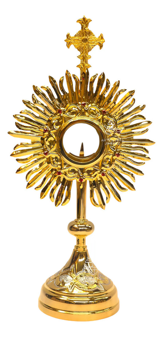 Custodia litúrgica del Santísimo de 56 cm, en latón y bronce con baño de oro, hecha a mano en México