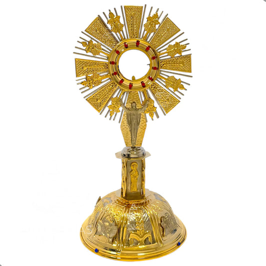 Custodia eucarística Cristo Rey de 60 cm, en alpaca con baño de oro, hecha a mano en México