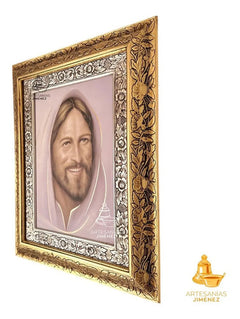 Cuadro Rostro De Jesús Sonriente De 60x47 Cm, Oro Y Plata Con Marco Combinado Oro Plata Oro Plata