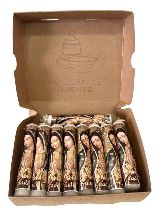 Lote de 20 cirios o velas de oración de la Virgen de Guadalupe, hechos a mano en México