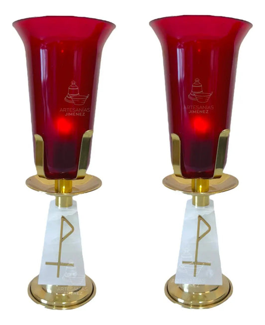 Candeleros eléctricos para el Santísimo, piramidales, ónix y latón dorado, hecho a mano en México