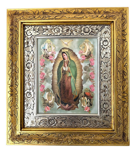 Cuadro Virgen De Guadalupe Rosas 45x40cm C014 Virgen Con Las 4 Apariciones Oro Y Plata
