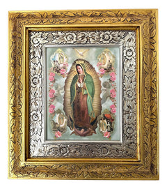 Cuadro Virgen De Guadalupe Rosas 45x40cm C014 Virgen Con Las 4 Apariciones Oro Y Plata