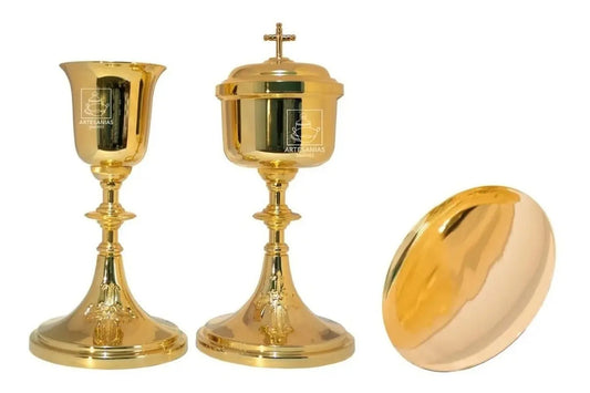 Cáliz copón y patena para iglesia o capilla tradicional, de latón con baño de oro, hecho a mano en México