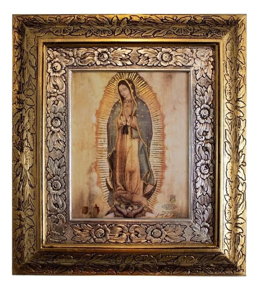 Cuadro de la Virgen de Guadalupe de 45x40 cm, acabado plateado combinado oro y plata