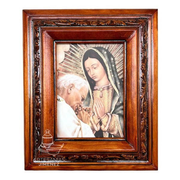 Cuadro de Juan Pablo II y la Virgen de Guadalupe, acabado nogal, hecho a mano en México