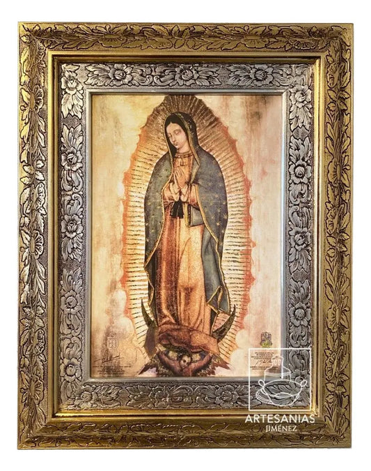 Cuadro litografía de la Virgen de Guadalupe, 60x47 cm, acabado combinado oro y plata