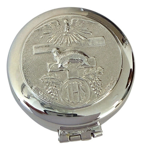 Relicario Hostiario 5 Cm Plateado Pixide Relieve Espiritu Santo Cordero Y Jhs