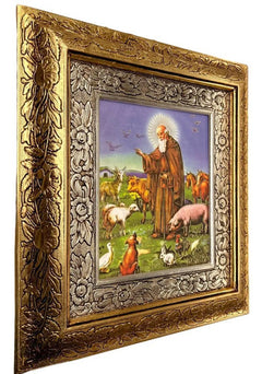 Cuadro Religioso San Antonio Abad Con Marco  Artesanías Jiménez Combinado Oro Plata Oro Plata