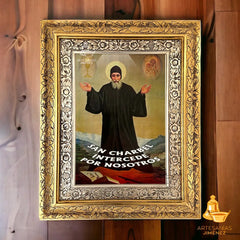 Cuadro San Charbel 60x47 Cm Con Frase Combinado Oro Y Plata Oro Y Plata