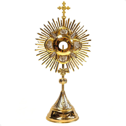 Custodia eucarística de 94 cm, modelo símbolos de los cuatro evangelistas, con baño de oro, hecha a mano en México
