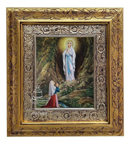 Cuadro decorativo de la Virgen de Lourdes, 45x40 cm, marco de acabado combinado oro y plata