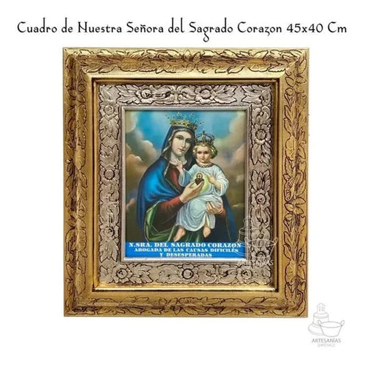 Cuadro de Nuestra Señora del Sagrado Corazón, causas difíciles, 45x40 cm, acabado oro y plata