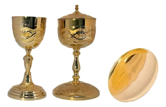 Cáliz copón y patena para iglesia o capilla espinas, de latón con baño de oro, hecho a mano en México