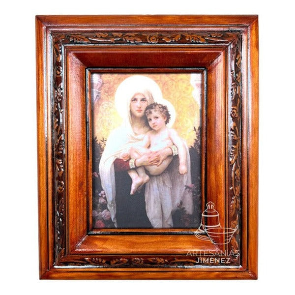 Cuadro de la Virgen de las Rosas, acabado nogal, hecho a mano en México