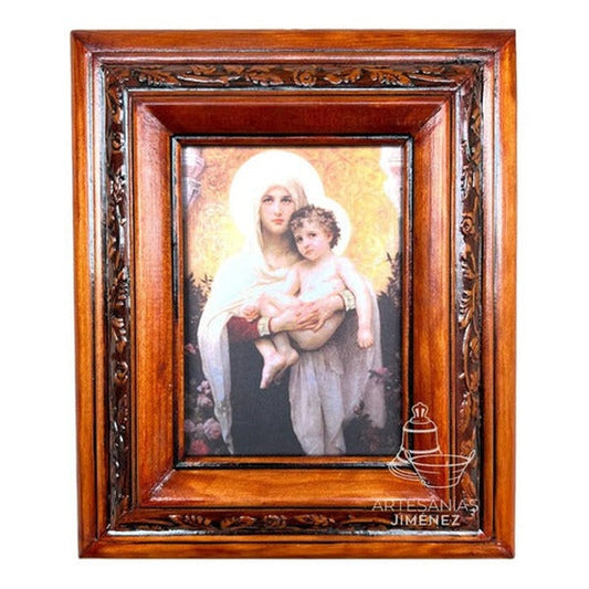 Cuadro de la Virgen de las Rosas, acabado nogal, hecho a mano en México