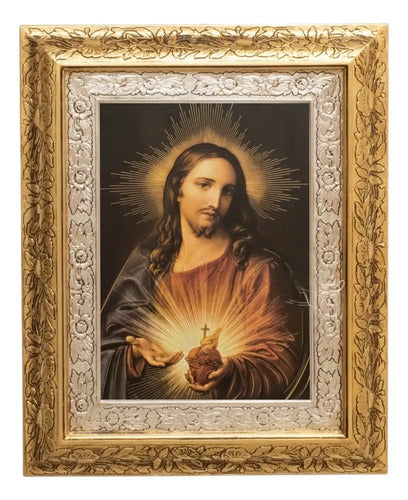 Cuadro Sagrado Corazón De Jesús 60x47 Cm Q116 Combinado Oro Y Plata Oro Y Plata