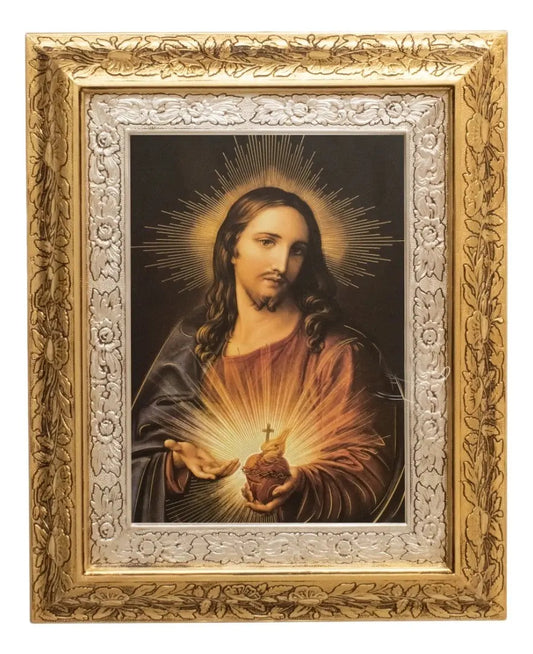 Cuadro del Sagrado Corazón de Jesús de 60x47 cm, acabado combinado oro y plata, hecho a mano en México