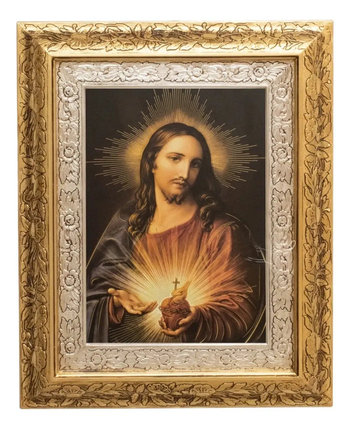 Cuadro Sagrado Corazón De Jesús 60x47 Cm Q116 Combinado Oro Y Plata Oro Y Plata