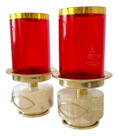 Candeleros De Mesa Para Altar Con Vaso Rojo Piedra Redonda Dorado