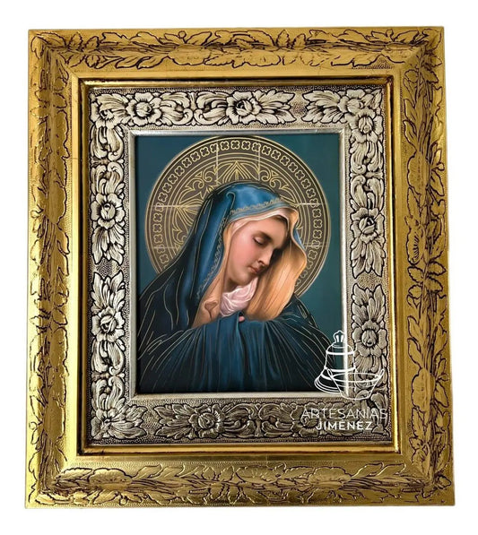 Cuadro de la Virgen de los Dolores con fondo azul, 45x40 cm, marco acabado oro y plata