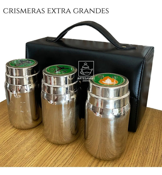 Crismeras extra grandes para los santos óleos, latón bañado en níquel, hechas a mano en México