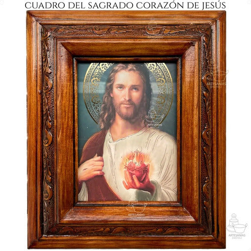 Cuadro del Sagrado Corazón de Jesús, acabado nogal, hecho a mano en México