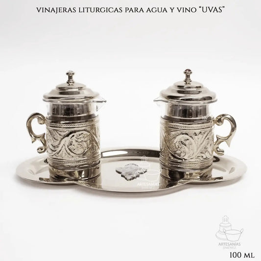 Juego de vinajeras de 100 ml con decoración de uvas y baño de plata, hecho a mano en México
