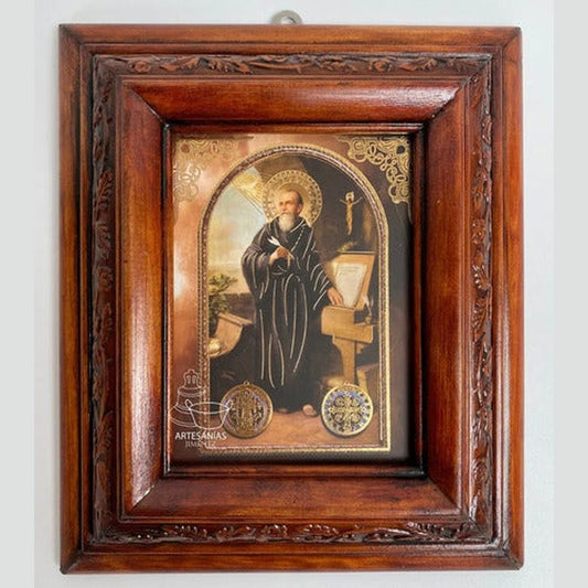 Cuadro de San Benito, acabado nogal, hecho a mano en México