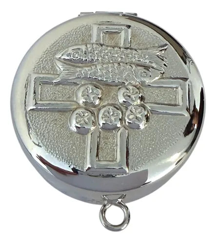 Relicario Hostiario 5 Cm Plateado Pixide Relieve Cruz Y Peces