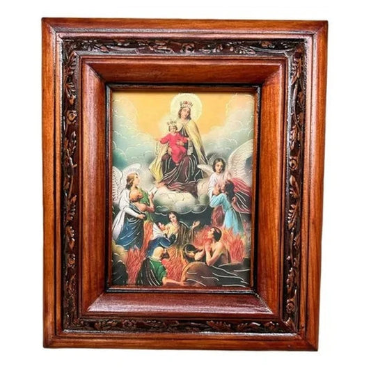 Cuadro de la Virgen del Carmen, acabado nogal, hecho a mano en México