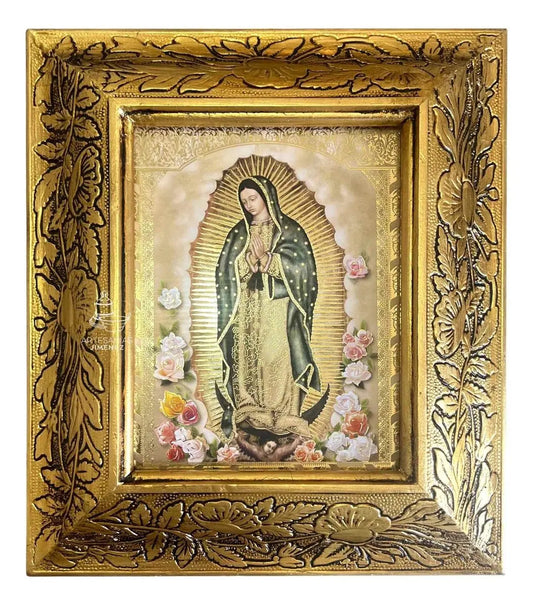 Cuadro de la Virgen de Guadalupe, 31x26 cm, acabado dorado, hecho a mano en México
