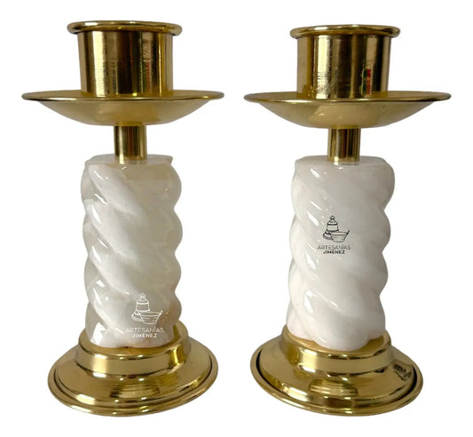 Candeleros de altar modelo espiral o caramelo, ónix y latón dorado, hecho a mano en México