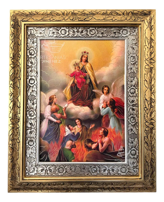 Cuadro de Nuestra Señora del Monte Carmelo, 60x47 cm, acabado combinado oro y plata