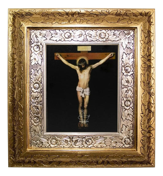 Cuadro de Jesús en la cruz, 45x40 cm, acabado combinado oro y plata