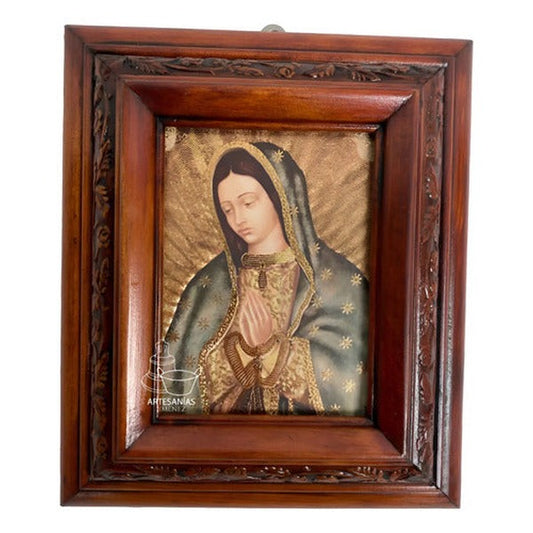 Cuadro del busto de la Virgen de Guadalupe, acabado nogal, hecho a mano en México