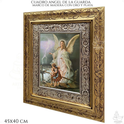 Cuadro Angel De La Guarda 45x40 Cm C001 Combinado Oro Y Plata Oro Y Plata
