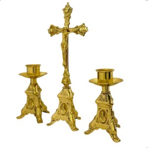 6 Candeleros Y 1 Cruz De Mesa Religiosos Modelo Barroco Bronce
