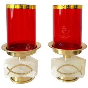 Candeleros De Mesa Para Altar Con Vaso Rojo Piedra Concava Dorado