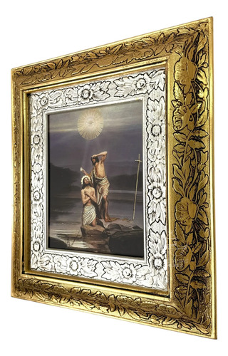Cuadro Jesus Y San Juan Bautista Bautizo 45x40 Cm Combinado Oro Y Plata Oro Y Plata
