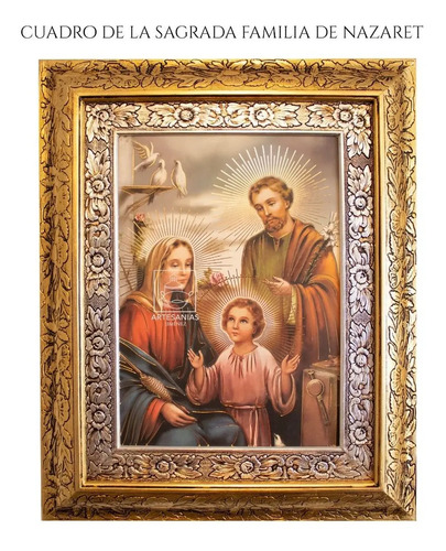 Cuadro Religioso De La Sagrada Familia De 60x47 Cm, Oro Y Plata Con Marco Combinado Oro Plata Oro Plata