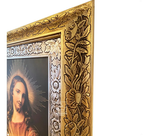 Cuadro Del Sagrado Corazón De Jesús 60x47 Cm Combinado Oro Y Plata Oro Y Plata