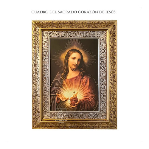 Cuadro Del Sagrado Corazón De Jesús 60x47 Cm Combinado Oro Y Plata Oro Y Plata